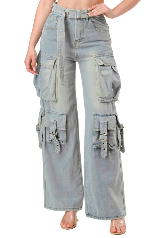 Belted Denim Cargo Jean