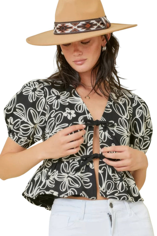 Denim Embroidered Crop Top With Front Tie Detail