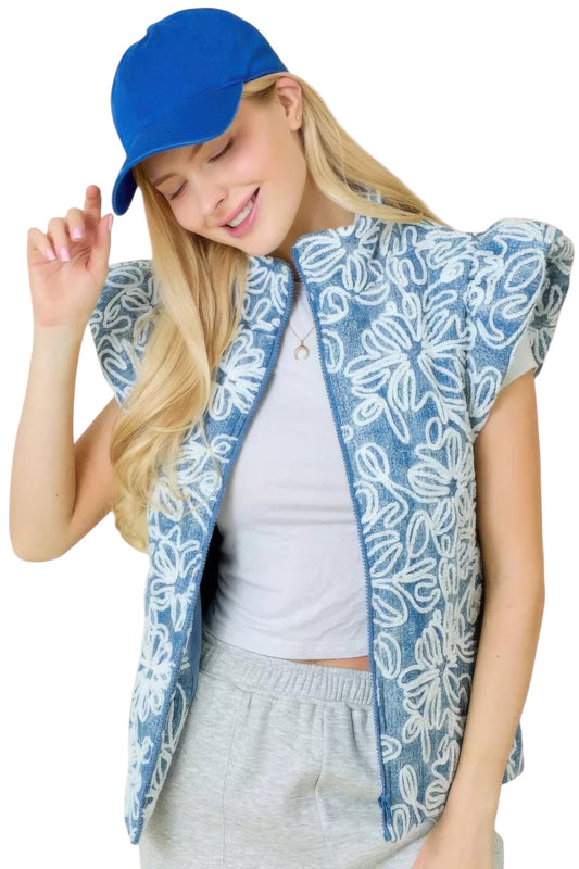 Floral Velvet Embroidered Denim Puffer Vest