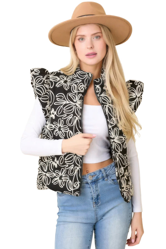 Floral Velvet Embroidered Denim Puffer Vest