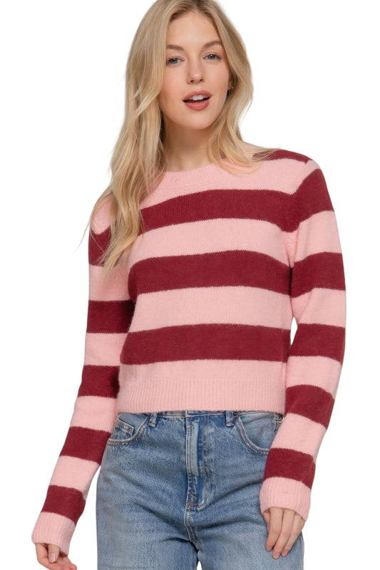Long Slv Crew Neck Stripe Sweater
