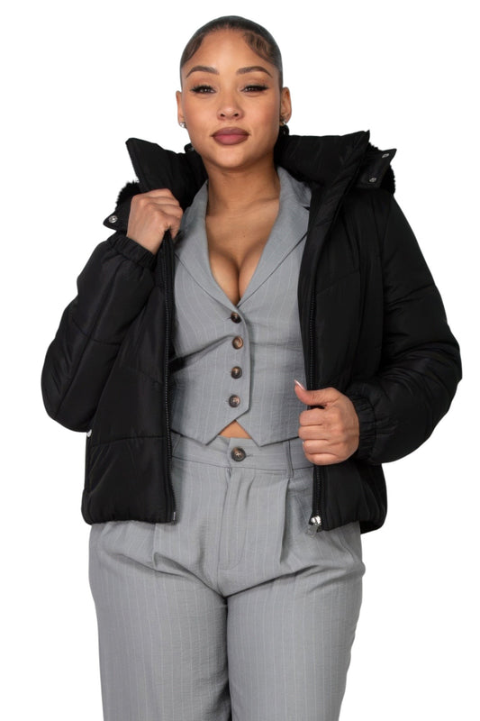 Insulated Zip-up Faux Fur Hooded Jacket