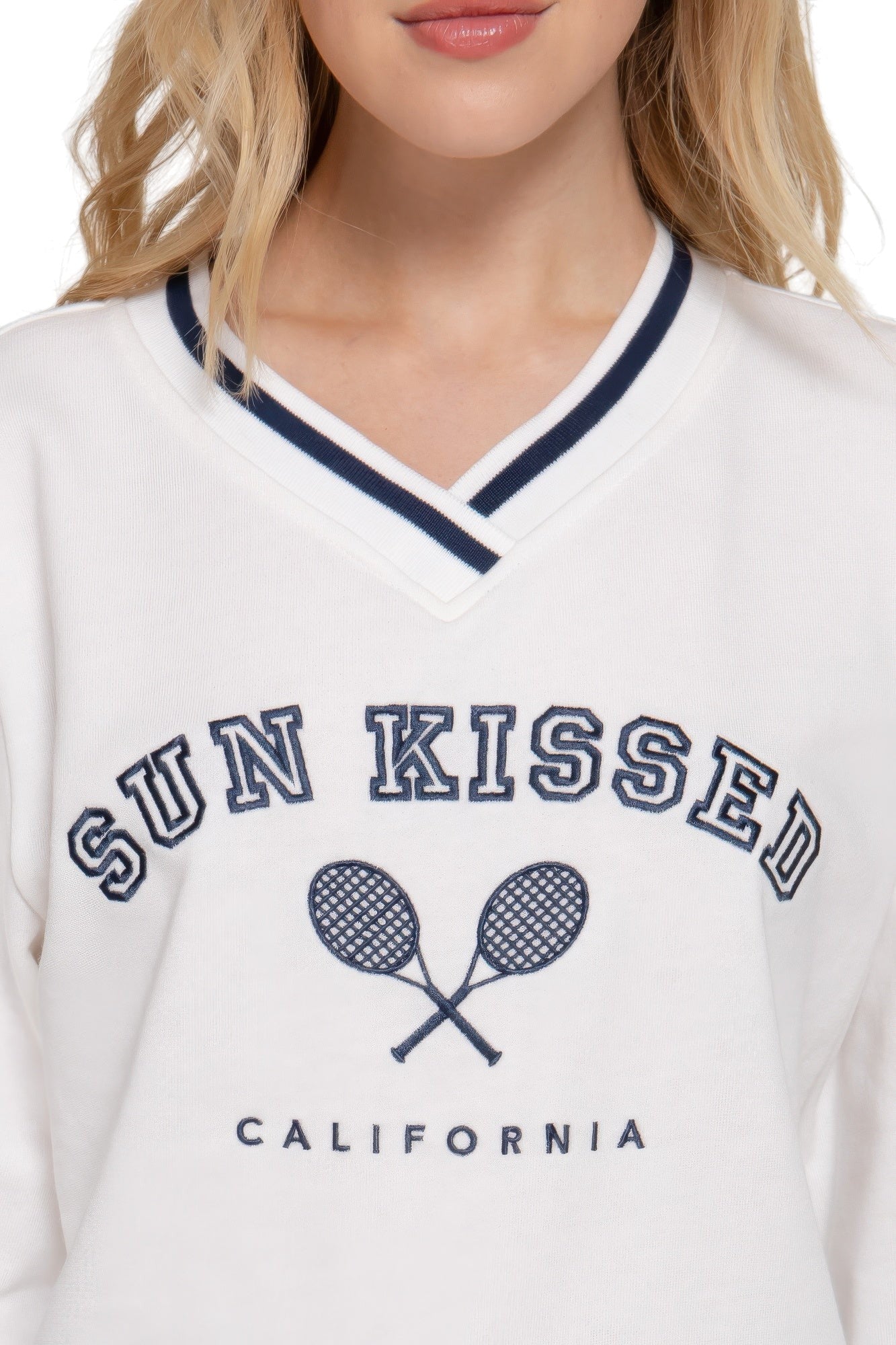 Long slv v-neck embroidered sweatshirt