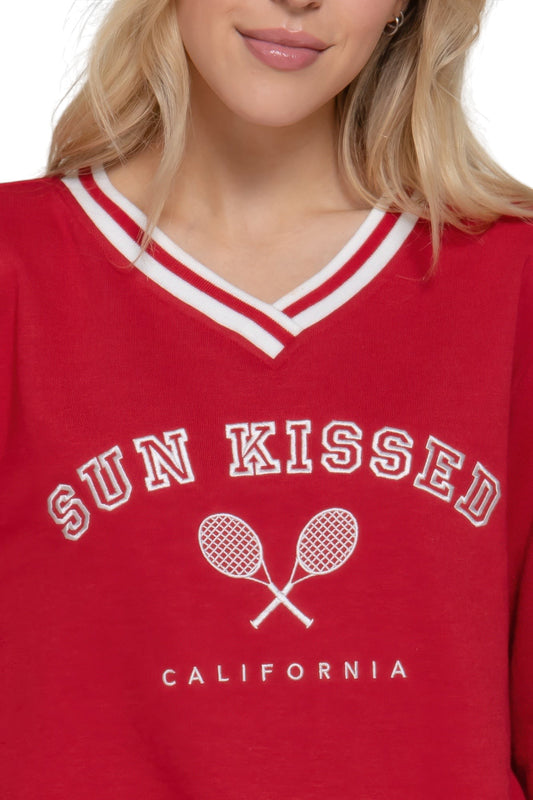 Long slv v-neck embroidered sweatshirt