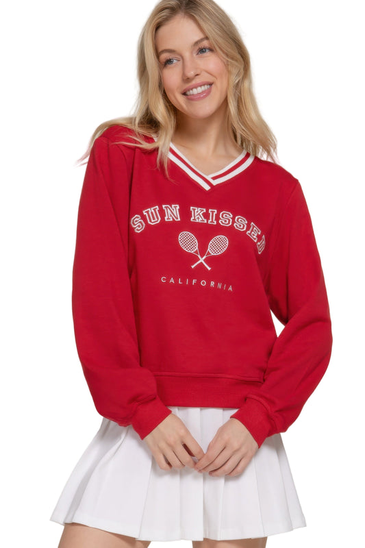 Long slv v-neck embroidered sweatshirt