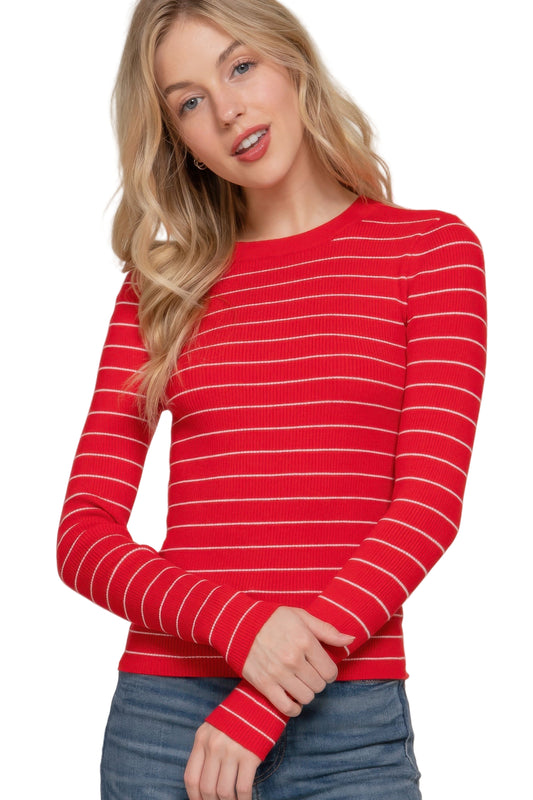 Long slv crew neck stripe sweater