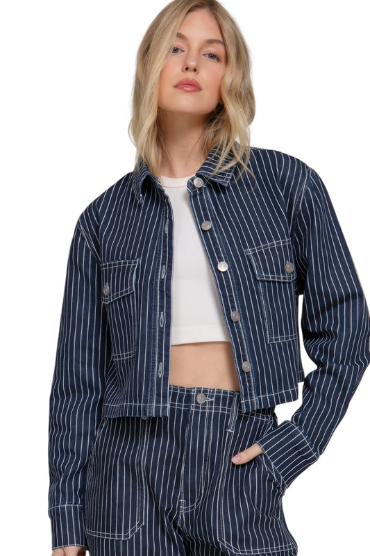 Button Down Stripe Denim Short Jacket