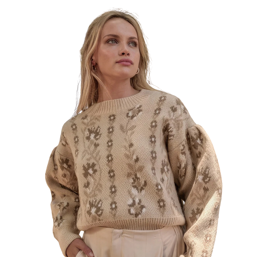 Floral round neck sweater - Beige