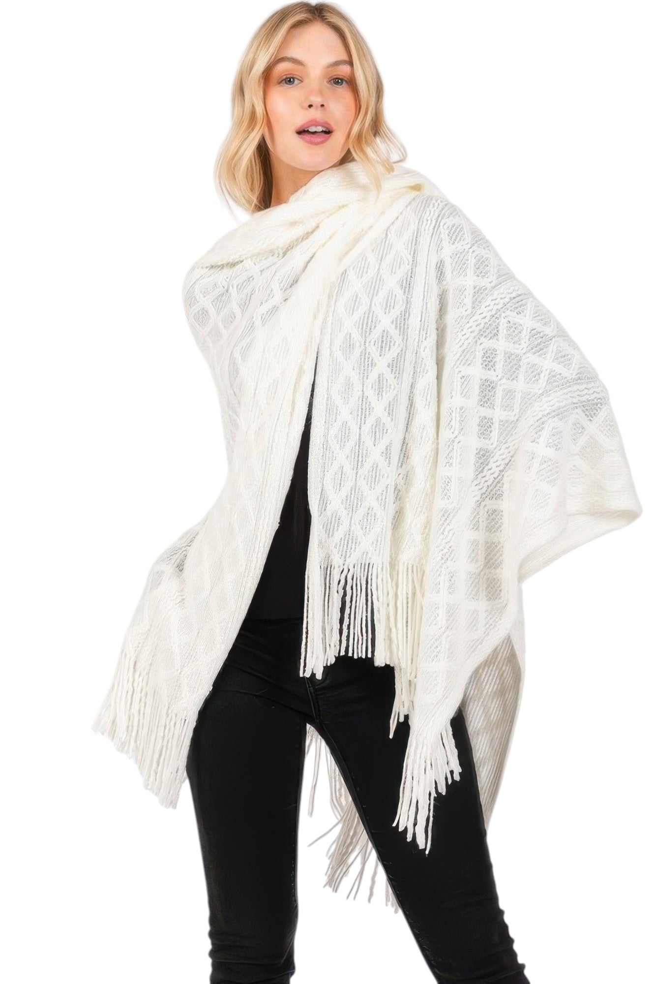 Diamond Pattern Tassel Knit Ruana