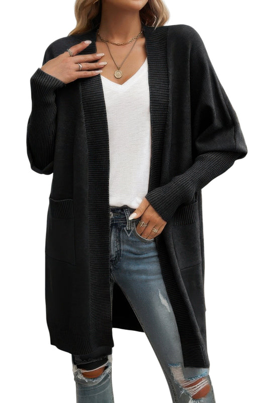 Knit Open Front Bishop Sleeves Pockets Cardigan