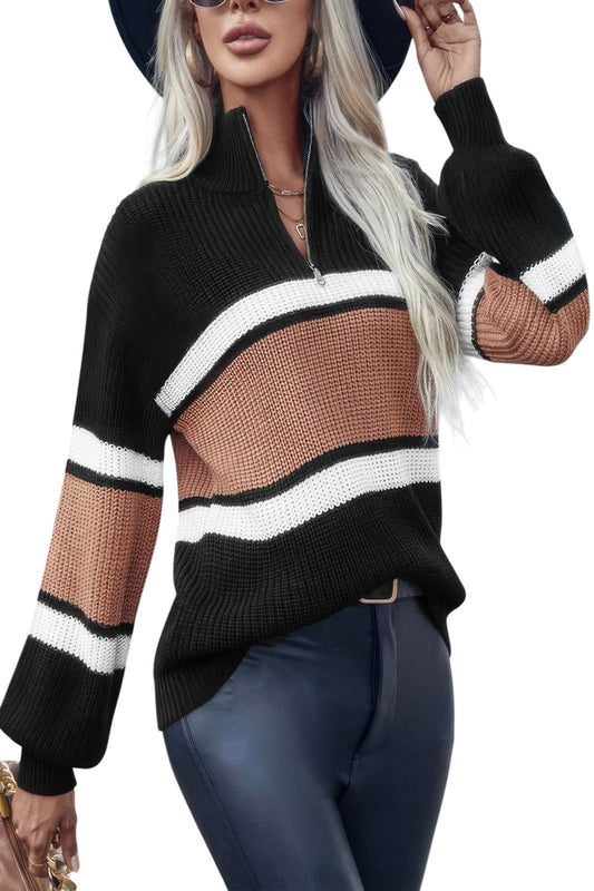 Half Zipper Strip Knit Loose Fit Sweater