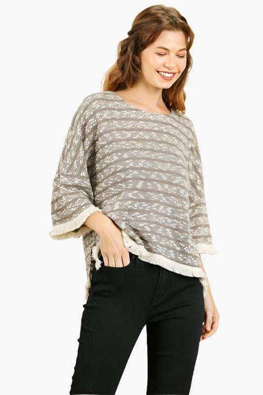 Heathered Striped Knit Bell Sleeve Round Neck Top