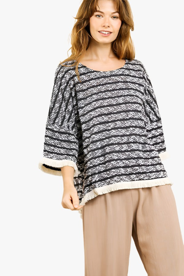 Heathered Striped Knit Bell Sleeve Round Neck Top