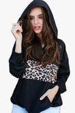 Contrast Leopard Print Front Zipper Up Kangaroo Pocket Windbreaker Hoodie