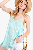 Boho Scallop Lace Trim Detailed Button Down Solid Subtle Textured Slit Side Overlay Layered Cami Top