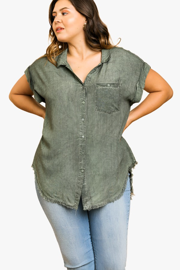 Washed Button Up Short Sleeve Top With Frayed Hemline