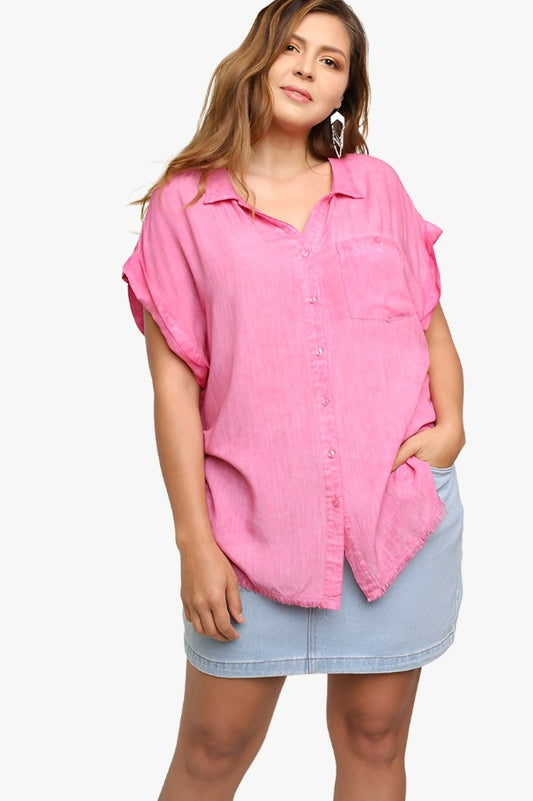 Washed Button Up Short Sleeve Top With Frayed Hemline