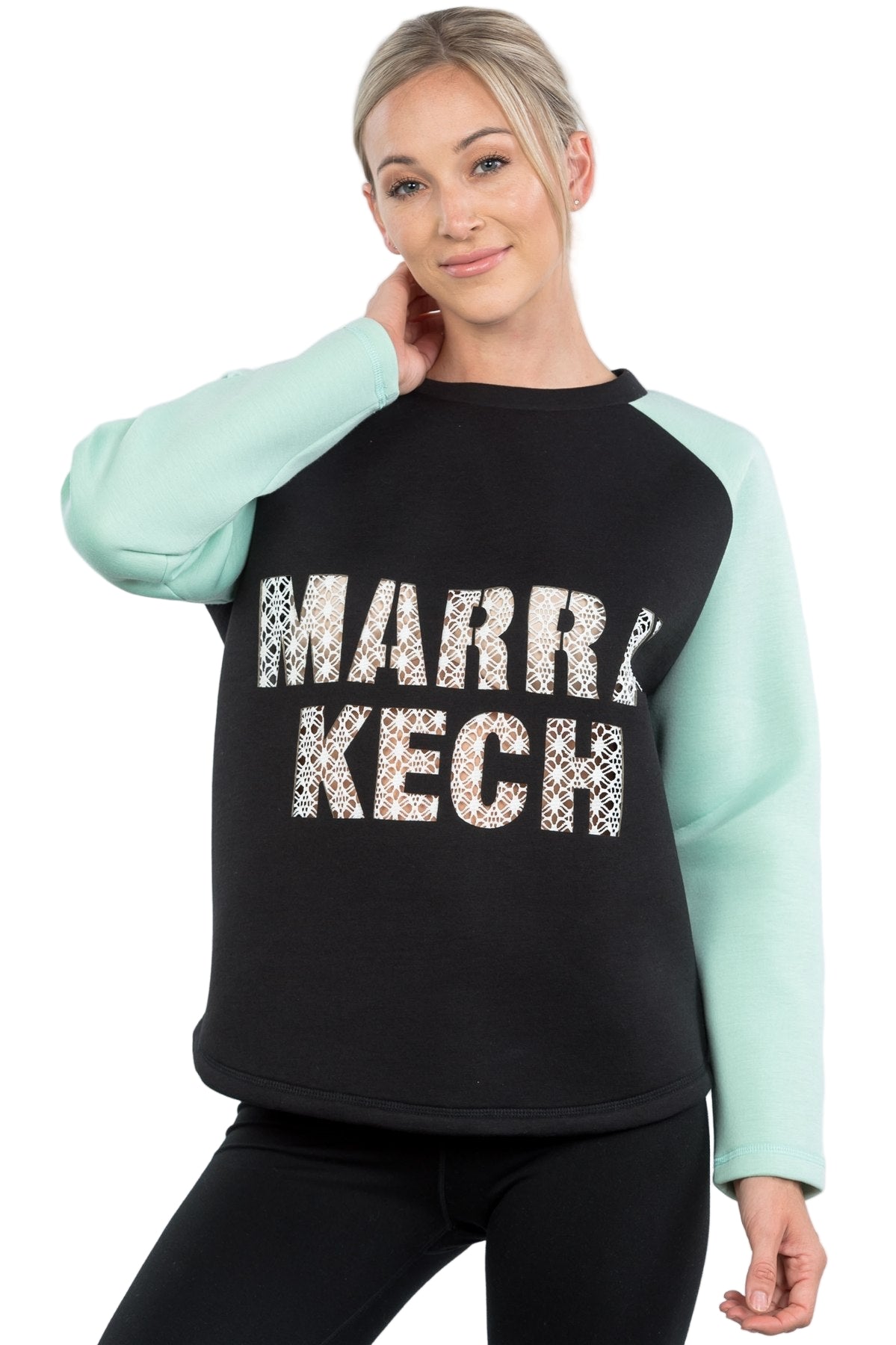 Contrast Sleeve Curved Hem Sweater