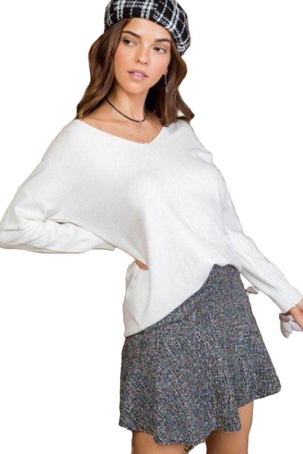 V Neck 3/4 Sleeve Side Slit Hi-lo Sweater