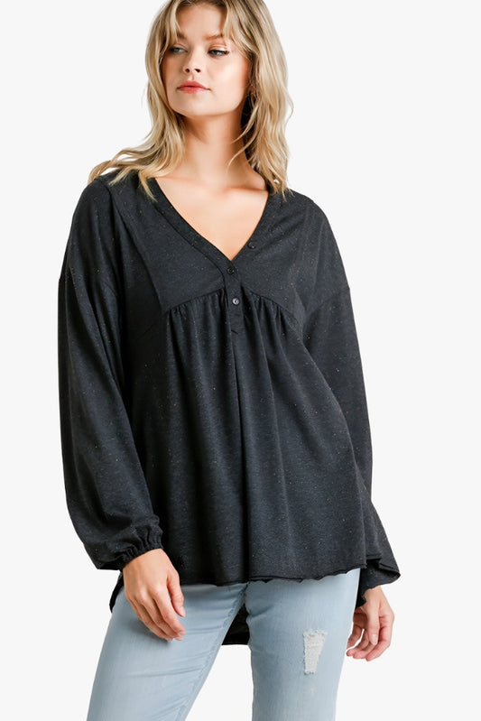 Confetti Detailed Long Puff Sleeve Babydoll Top With Button Front And Raw Hem