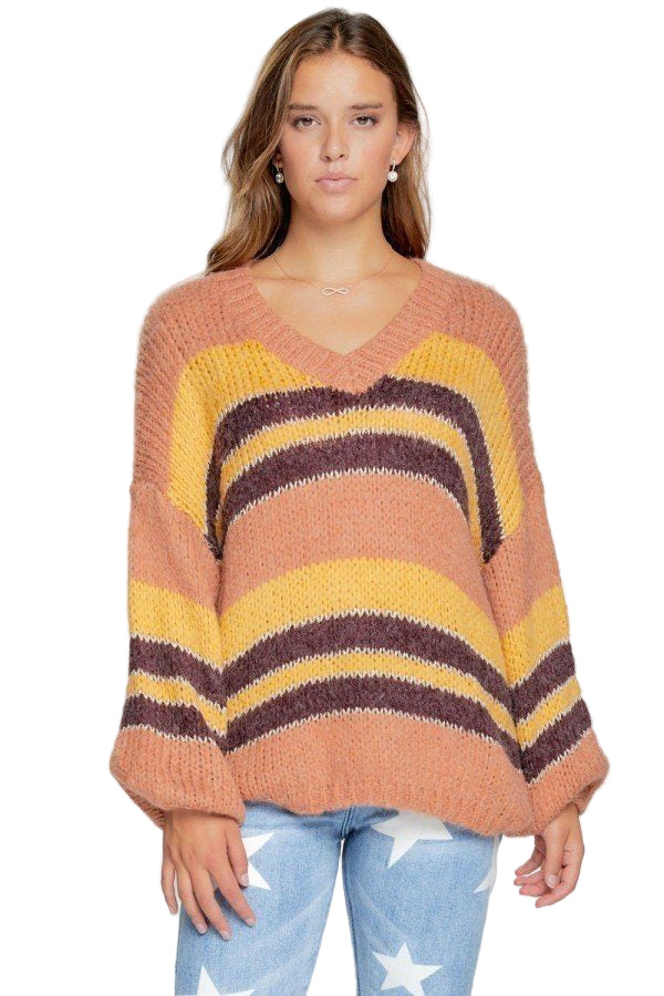 V-neck Cozy Thick Knit Stripe Pullover Sweater