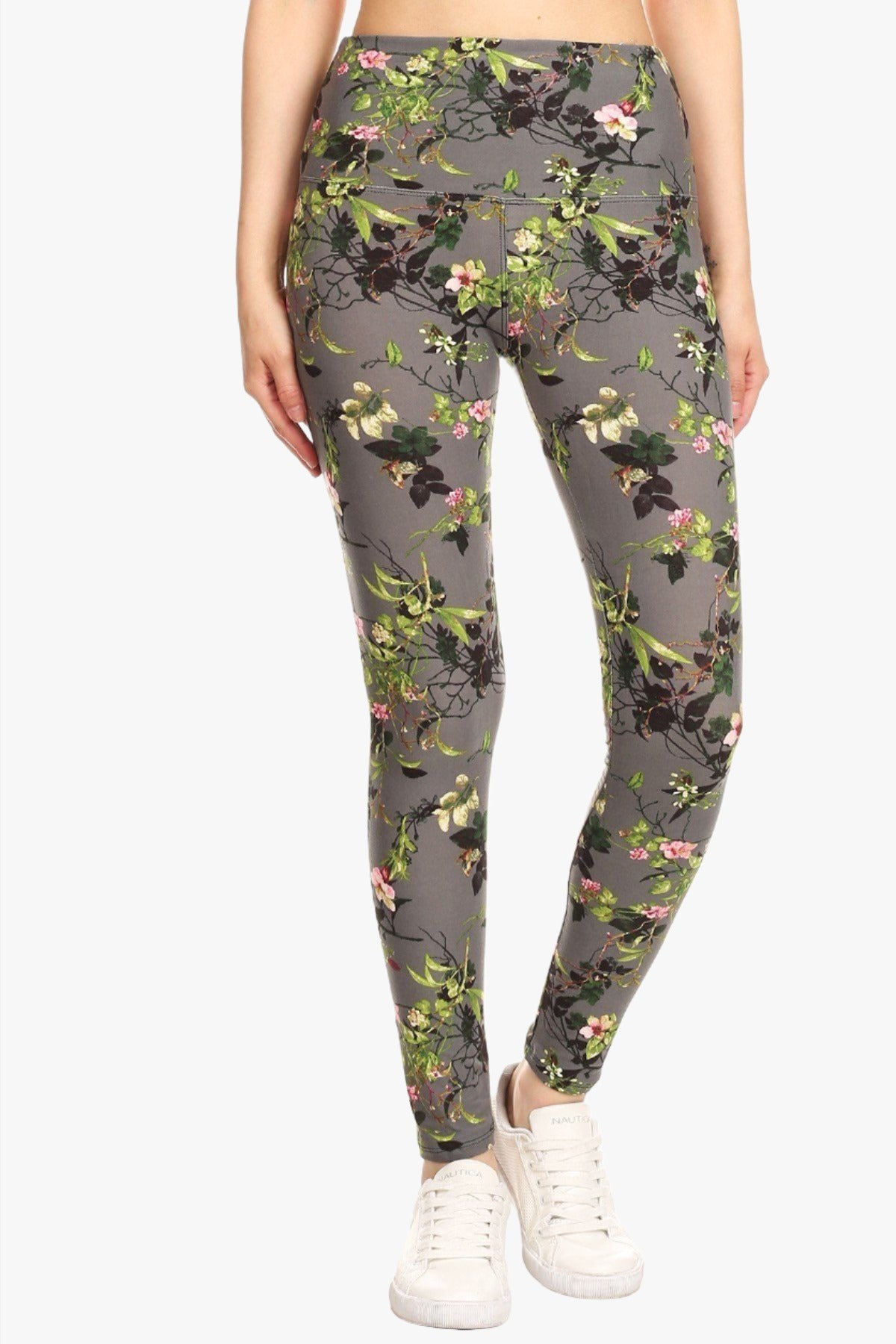 5-inch Long Yoga Style Banded Lined Floral Printed Knit Legging With High Waist