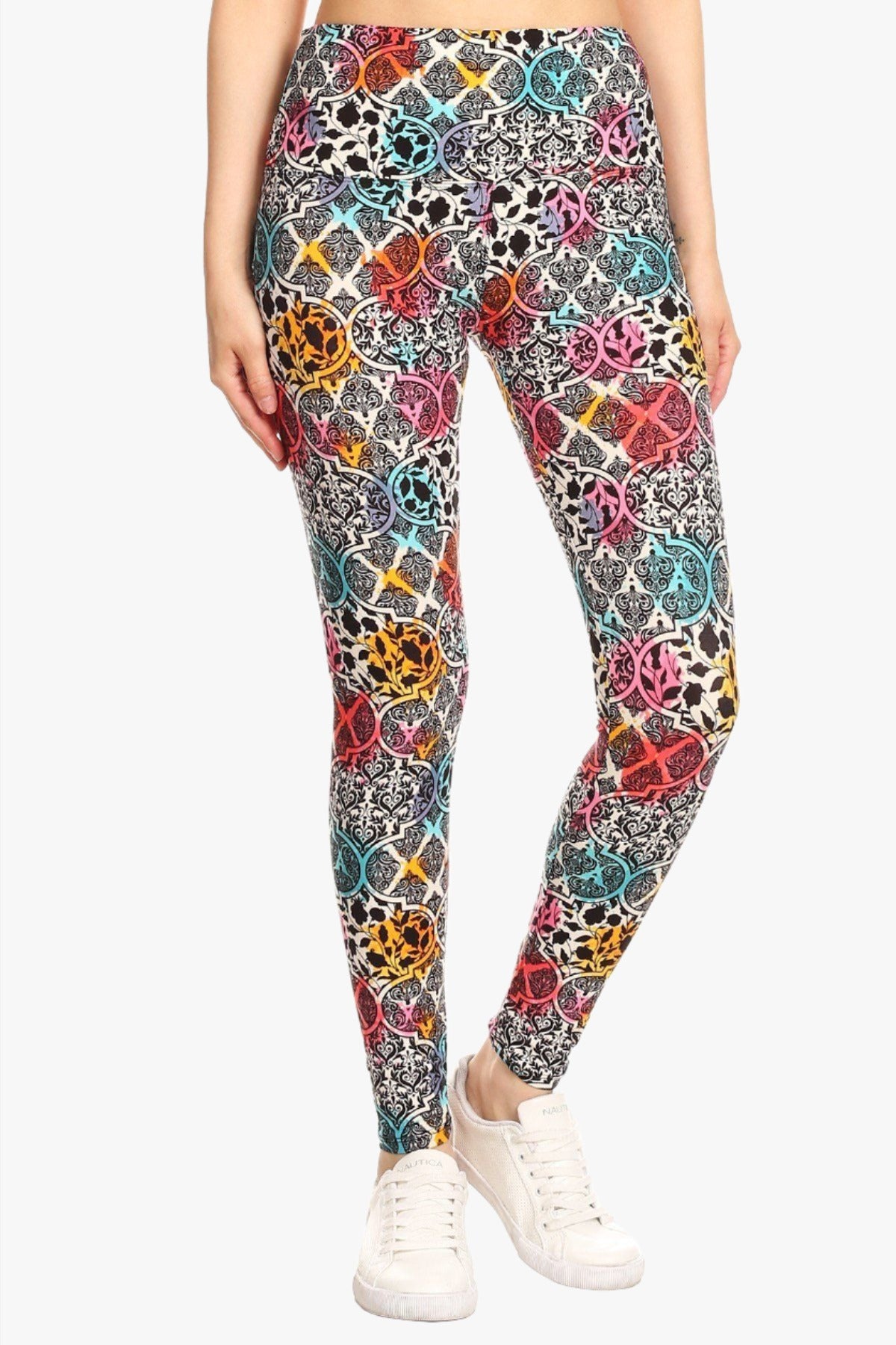 5-inch Long Yoga Style Banded Lined Damask Pattern Printed Knit Legging With High Waist