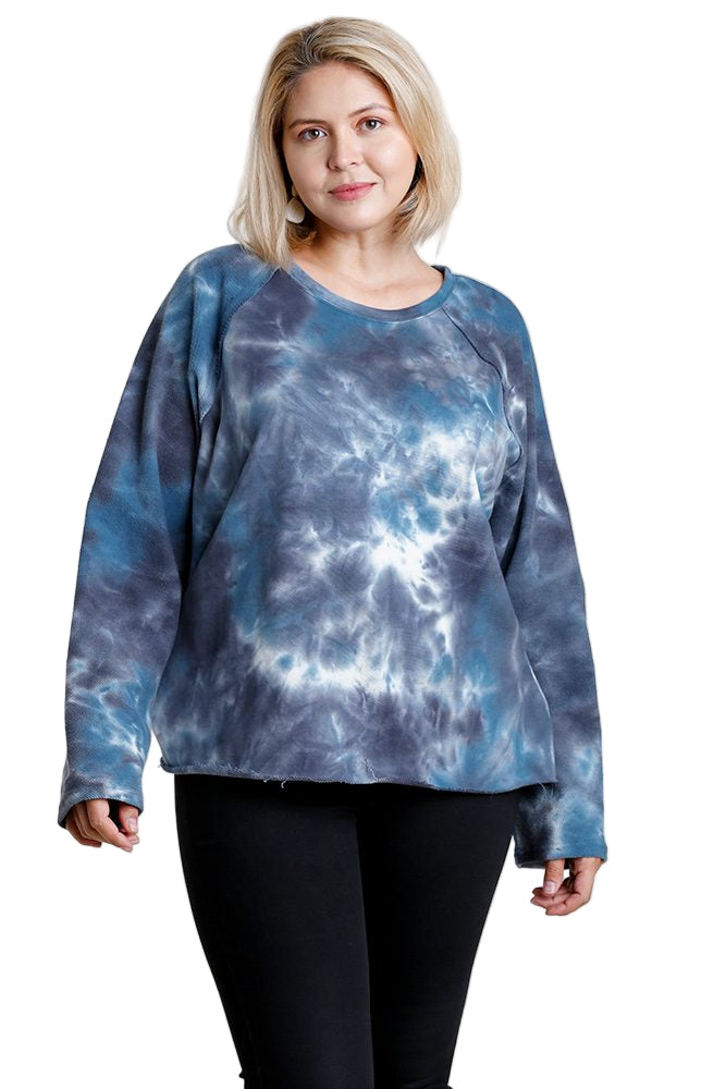 French Terry Tie-dye Raglan Long Sleeve Top With Raw Hem