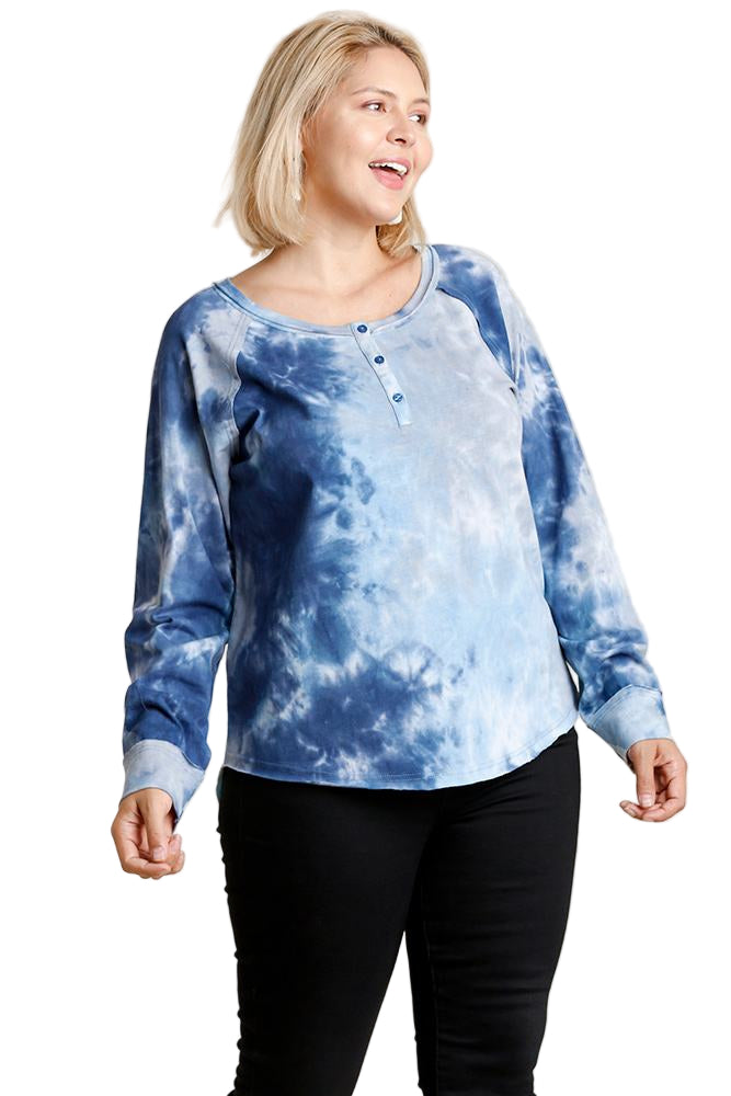 Tie-dye Button Front Long Raglan Sleeve Top With Raw Hem