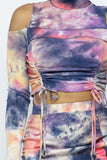 Tie Dye Open Shoulder Long Sleeve Top And Matching Skirt W Ruching Details
