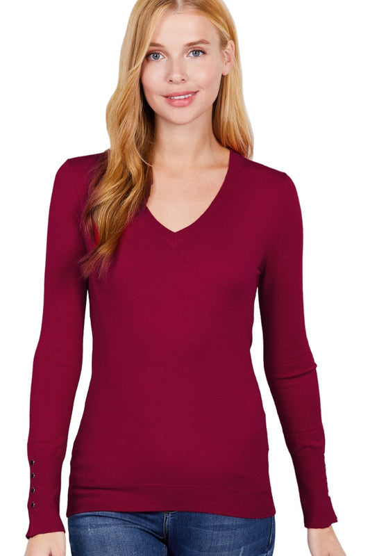 V-neck Sweater W/rivet Button