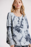 Tie Dye Round Neck Ribbed Button Front Top With Round Hem
