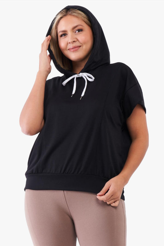 Black Short Wing Sleeve Relaxed Fit White Draw String Tie Hood Detail Top