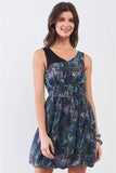 Navy Blue Sleeveless Mesh V-neck Self-tie Waist Stitched Together Bottom Mini Dress