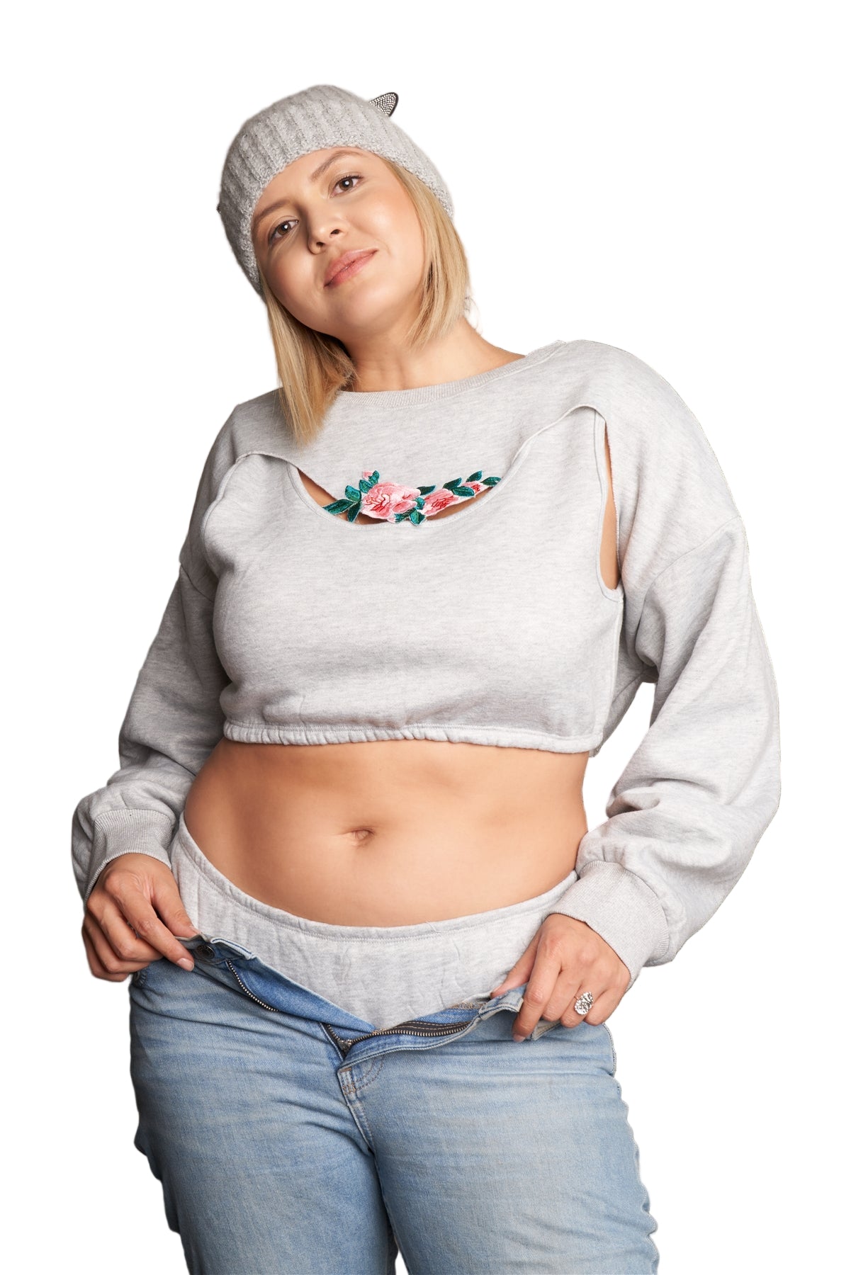 Plus Grey Floral Embroidery Arm Warmer Sweater & Sleeveless Crop Cami With Lounge Briefs Three-piece Set