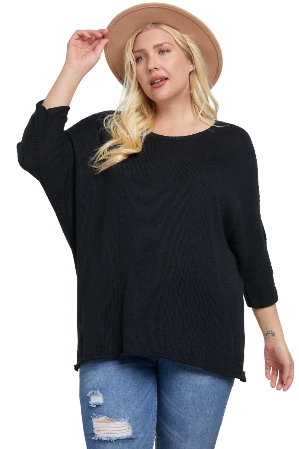 Solid Round Neck 3/4 Sleeve Sweater Top