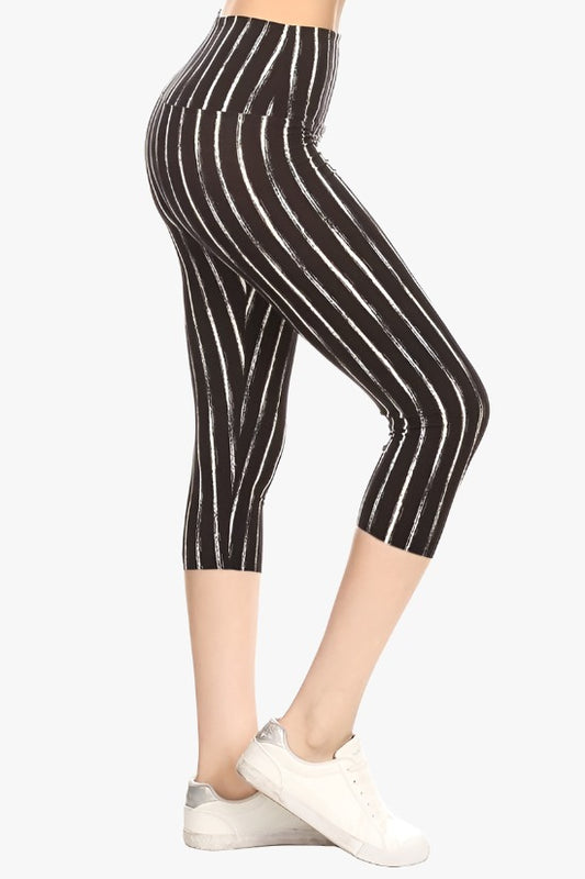 Yoga Style Banded Lined Stripe Printed Knit Capri Legging