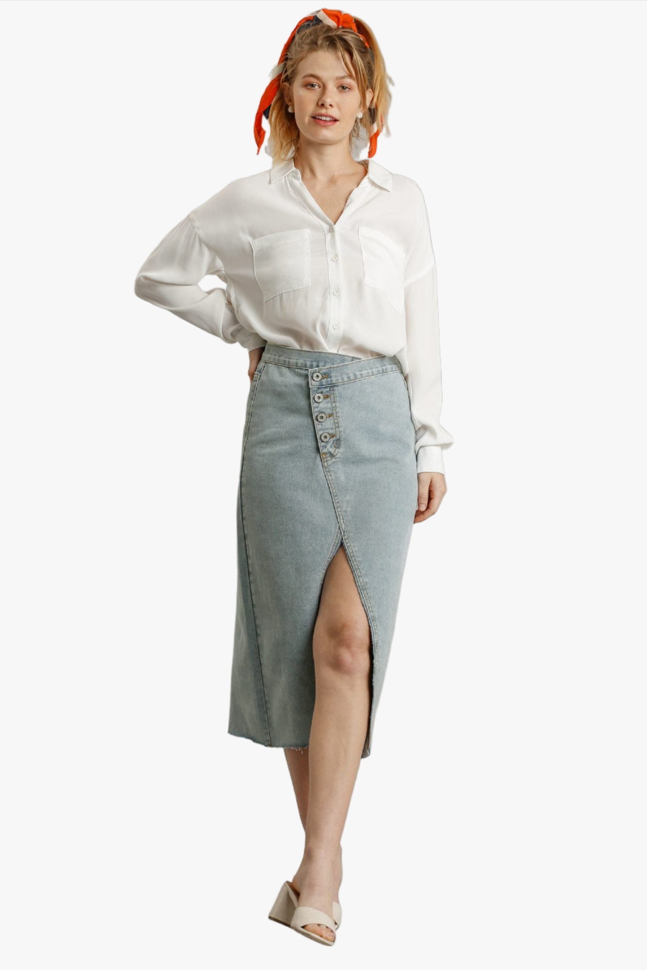 Asymmetrical Waist And Button Up Front Split Denim Skirt With Back Pockets And Unfinished Hem