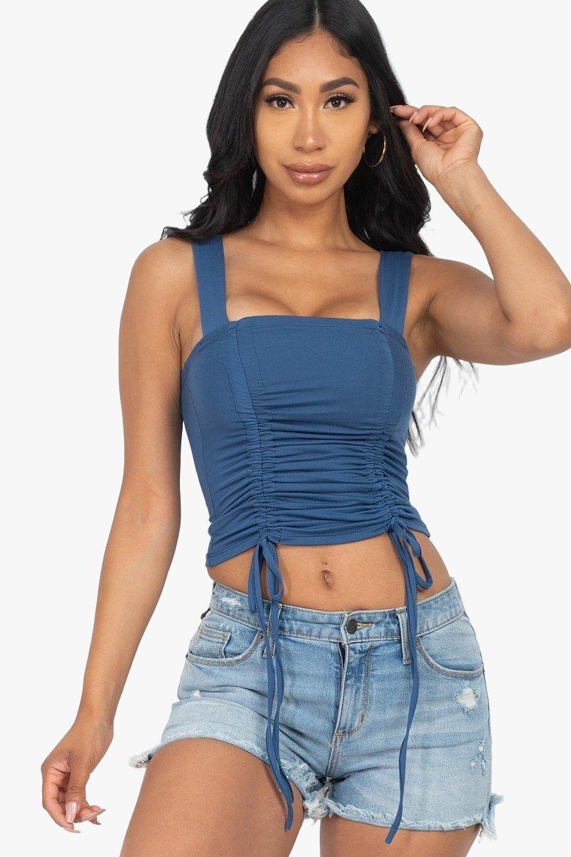 Adjustable Front Ruched With String Square Neck Crop Tops