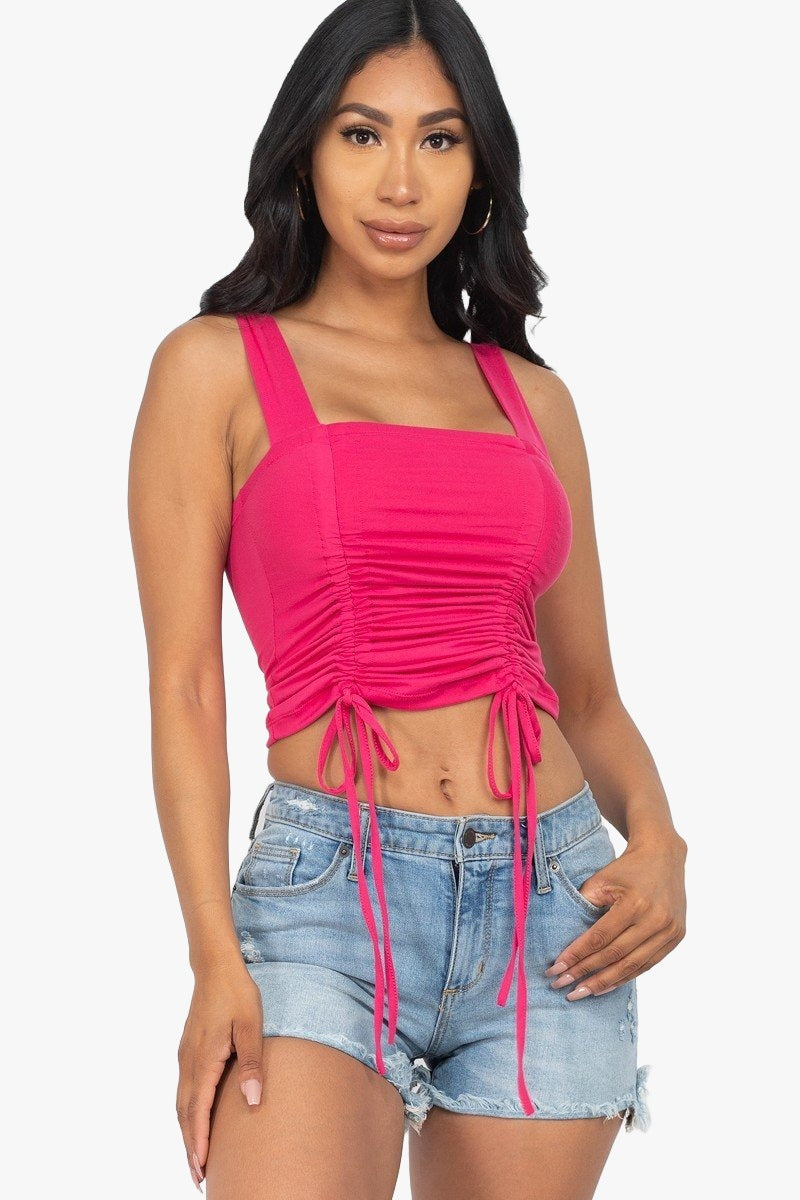 Adjustable Front Ruched With String Square Neck Crop Tops