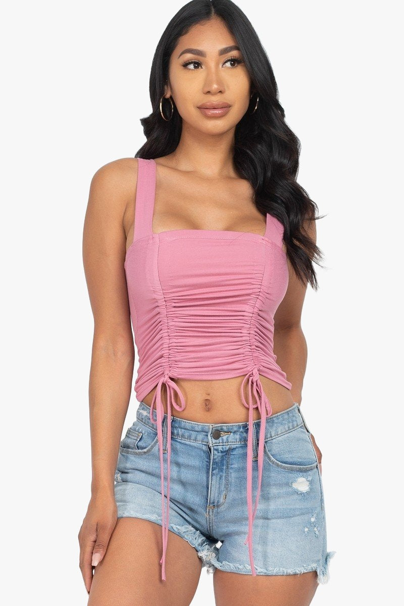 Adjustable Front Ruched With String Square Neck Crop Tops