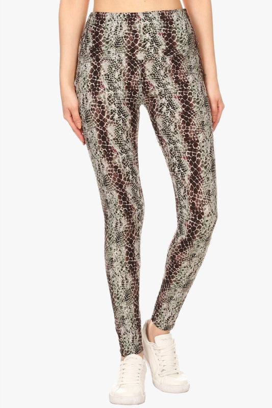 Yoga Style Banded Lined Snakeskin Printed Knit Legging With High Waist.