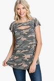 Army Camo Printed Cut Out Neckline Short Flutter Sleeves Casual Basic Top