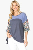 Colorblock Knit And Floral Print Mixed Top With Dolman Sleeve
