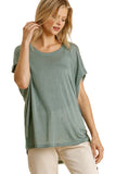 Short Sheer Dolman Sleeve Scoop Neck Top With Side Slit