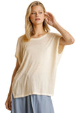 Short Sheer Dolman Sleeve Scoop Neck Top With Side Slit