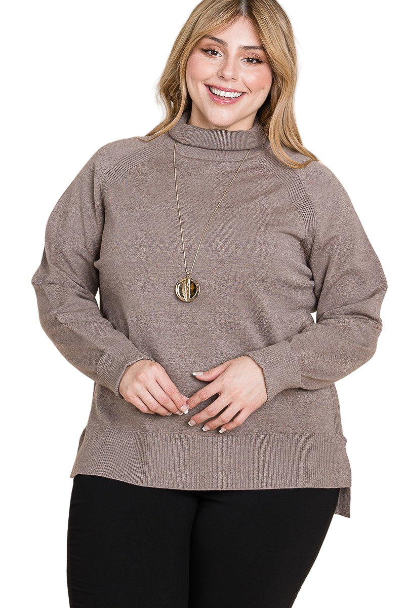 Plus Size High Quality Buttery Soft Solid Knit Turtleneck Two Tone High Low Hem Sweater