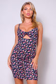 Spaghetti Strap Twist Front Cutout Floral Ruched Mini Dress