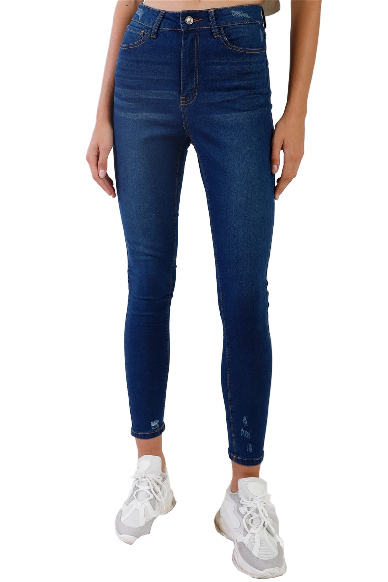 Dark Blue High-waisted With Rips Skinny Denim Jeans