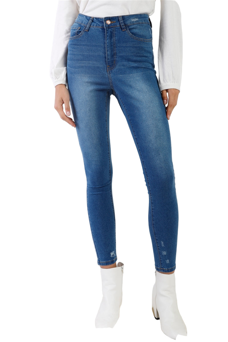 Mid Blue High-waisted With Rips Skinny Denim Jeans